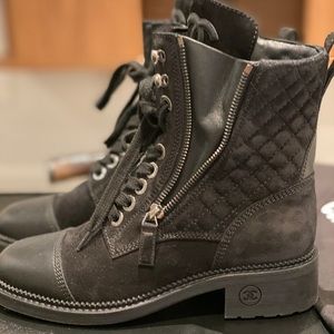 NWT: Chanel Black Leather Quilted Lace Up Boot